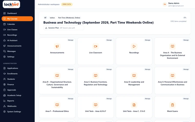 Course page with classes, recordings and syllabus areas