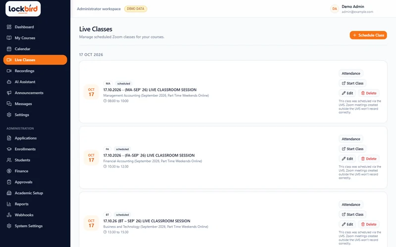 Live Zoom classes scheduled from the LMS